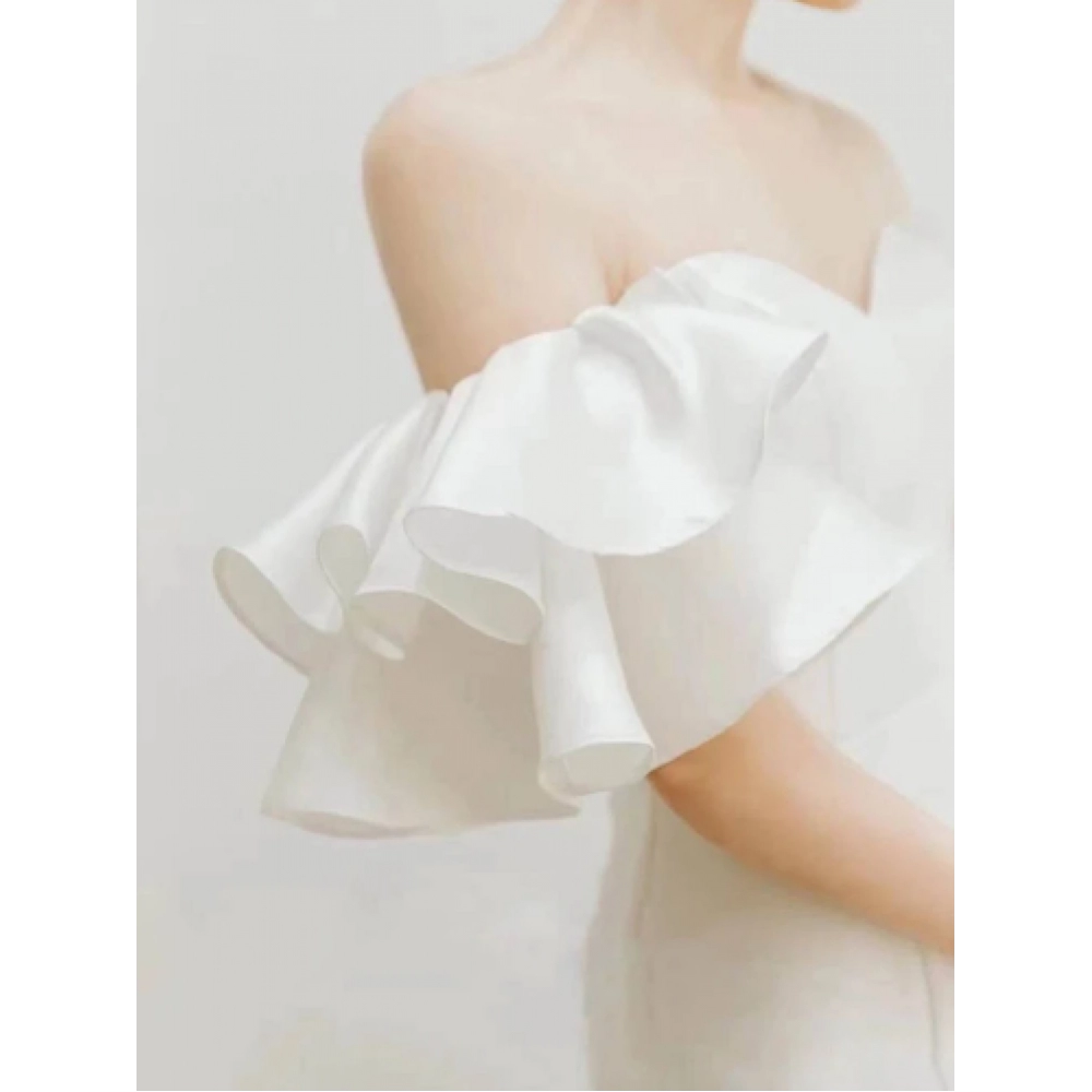 Elegant Waisted Fishtail One-shoulder Evening Dresses Temperament Slim Waist Wedding Party Dress Ruffles Sleeve Design Prom Robe